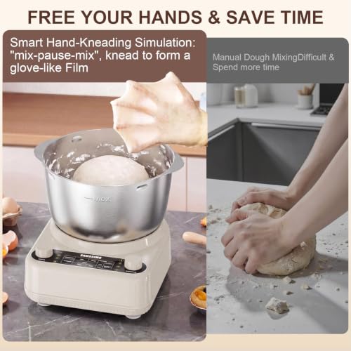 Image of Electric Dough Maker with Ferment Function, 6.5QT Stand Dough Mixer, Dough Kneading Machine with 304 Stainless Steel Bowl, Removable Lid & Knob Control, Ideal for Bread, Pizza, Pasta - Almond Cream