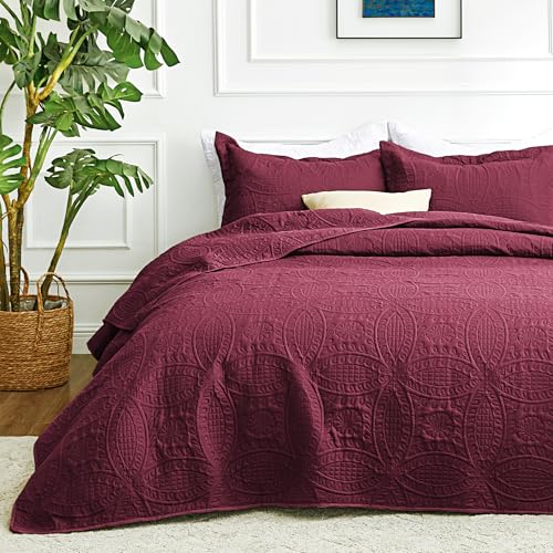 Loves cabin Quilts for Queen Bed Burgundy Bedspreads Bedding Set - Lightweight Bedspread Comforter - Coin Pattern Bedding Coverlet for All Season - 3 Pieces (1 Quilt 2 Pillow Shams)