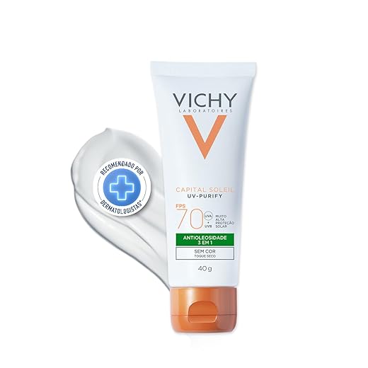 Vichy Capital Soleil Purify, Protetor Solar Facial Antioleosidade e Purificante Para Peles Oleosas com Toque Seco, Ação Antipoluição e Proteção Solar FPS 70 Sem Cor 40g