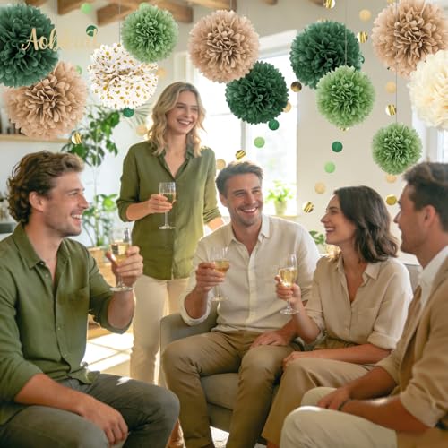 Image of AOBKIAT Wedding Party Decorations Set,15PCS for Green Neutral Baby Shower | Green Khaki Tissue Paper Pom Poms,Garland String Hanging Backdrop for Engagement,Green Boho Themed,Bridal Shower