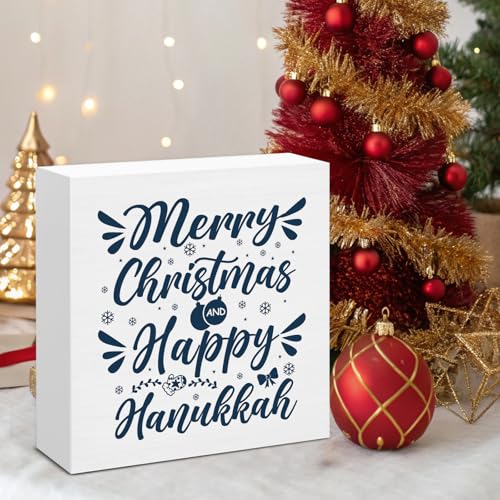 Image of Hanukkah Decor, Happy Hanukkah and Merry Christmas Wood Box Sign, Jewish Gift Ideas for Women, Jewish Christmas Home Office Decorations for Desk Table Shelf 5 X 5 Inches