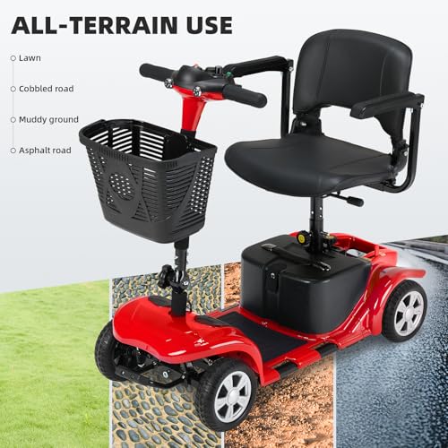Mobility Scooter for Adults, Senior, Skmc 4 Wheels Electric Powered Chargeable Device for Travel, Lightweight and Portable, with LED Headlights and Basket, Charger Included, Red/Blue (RED red)