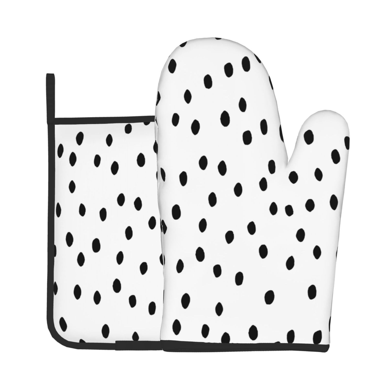 Black and White Oven Mitts and Pot Holders Sets - Black Polka Dots Kitchen Mitts Potholders 2 Pack Heat Resistant White Oven Gloves Hot Pads for Kitchen Baking Grilling Party