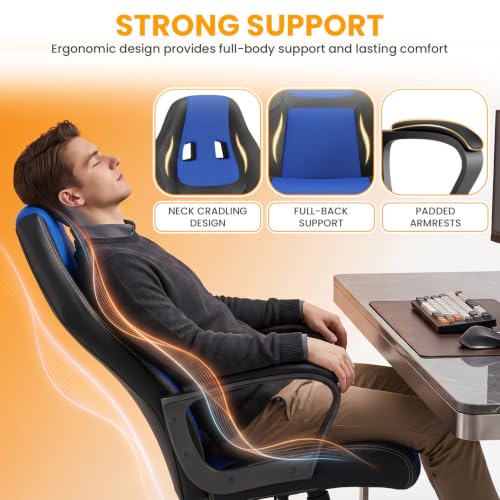 Image of Ergonomic Office Chair Cheap Desk Chair PC Gaming Chair Rolling PU Leather Swivel Chair Executive Computer Chair Lumbar Support for Women, Men(Blue)