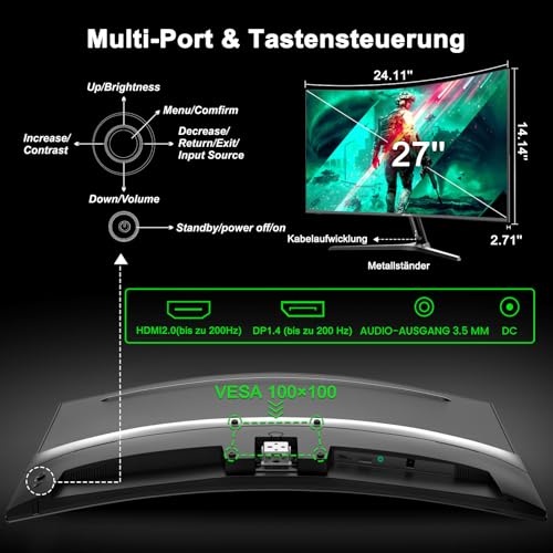 Minifire Gaming Curved Monitor 27 Zoll 200Hz 1Ms 130% sRGB Monitor mit Sprecher 1920 * 1080 VA Panel （MFG27C1 mit HDMI-Kabel）