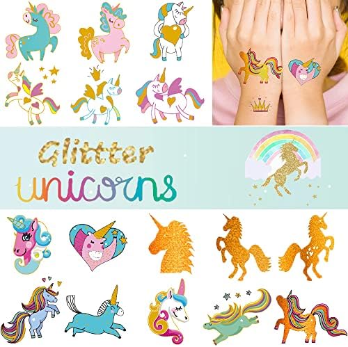 Ooopsi Unicorn Tattoos for Kids - 58 Gold Glitter Styles Tattoos Unicorn Party Favors and Birthday Decorations for Girls Boys