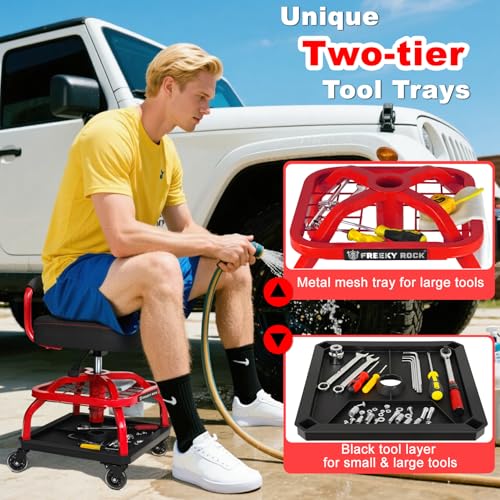 Image of Rolling Shop Stool with Wheels, Garage Mechanic Shop Chair with Handle Backrest, Adjustable Height Work Stool, Roller Seat with Tool Tray Storage, Heavy Duty, 330 LBS Capacity, Red