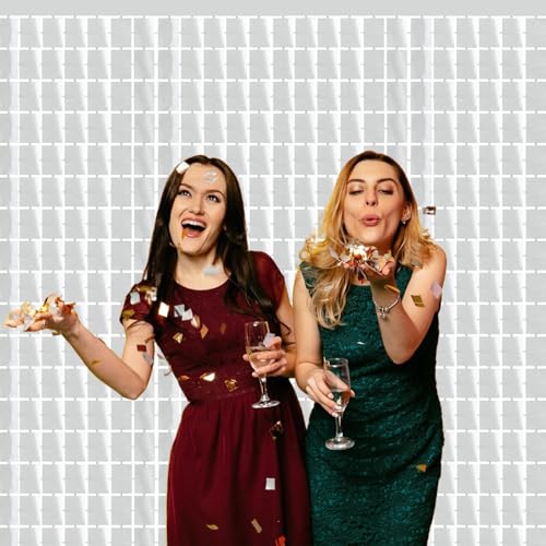 Image of GOER Silver Party Backdrop Metallic Tinsel Foil Fringe Curtains Photo Booth Props for New Year's Eve Graduation Wedding Baby Shower Bachelorette Christmas Holiday Celebration Party Decorations