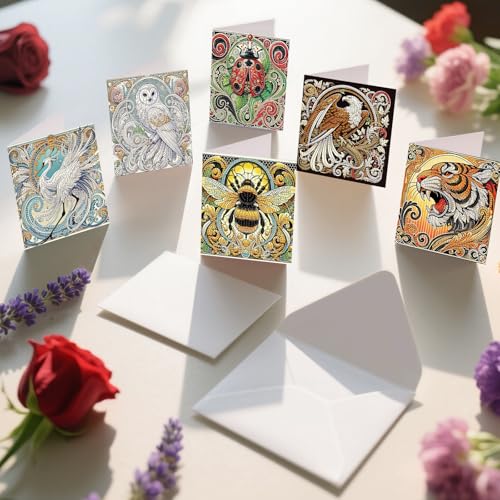 Image of 6 Pack Animal Diamond Art Greeting Cards with Envelopes, DIY 5D Diamond Painting Card Kit Featuring Phoenix Owl Bee Eagle Ladybug and Tiger, Handmade Rhinestone Craft Cards for Birthday and Holiday