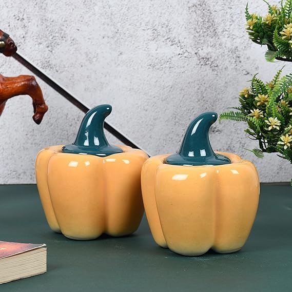 Image of QIMACPLUS Ceramic Capsicum Decorative Pickle Jar | Food Storage Capsicum Jar Multipurpose aachar masala Jar For kitchen and Dining Table Pickle Container 500 ML Orange (1)