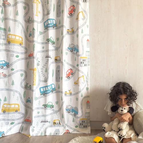 Image of Tranquebar Curtain Co. Vehicles Print Kids Room Door Curtain - Room Darkening, 213 cm (7 Feet), Multicolor, Set of 2, Cotton Fabric, Eyelet, Zoom- Door Curtains 7 Feet Long, Living Room, Bedroom