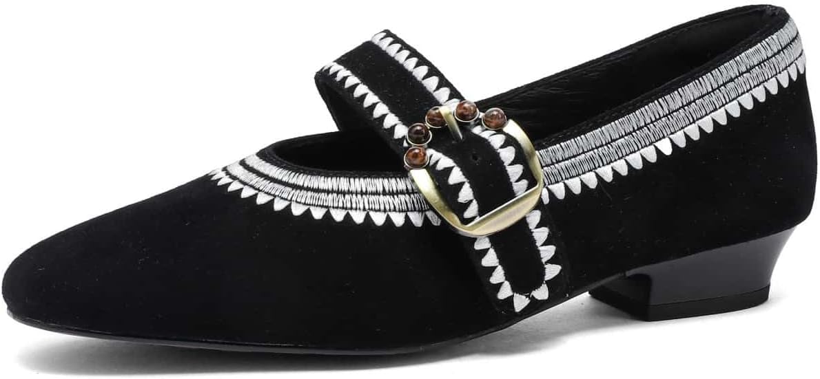 TinaCus Women's Mary Jane Handmade Suede Leather Square Toe Strap Buckle Embroidery Flats Shoes