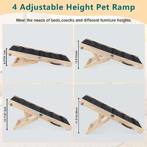 BWOGUE Dog Ramp for Small Dogs, Wooden Adjustable Dog Ramp for Couch Height from 8.3\" to 17.3\", 31.5\" Long Folding Portable Pet Ramps for Bed with Non Slip Carpet Surface, Supports up to 55 lbs