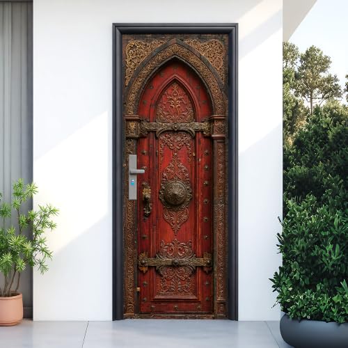 JOYHAUE Wood Door Murals Peel and Stick, Gothic Red Carved Arch 30.3x78.7in
