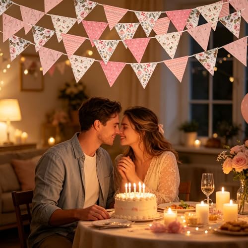 Image of Zwiebeco 32Ft Pink Fabric Floral Pennant Banner Bunting Cotton Pinkish Flowers Triangle Flags Party Decorations for Birthday Wedding Engagement Bridal Baby Shower Rustic Village Home Garden Decor