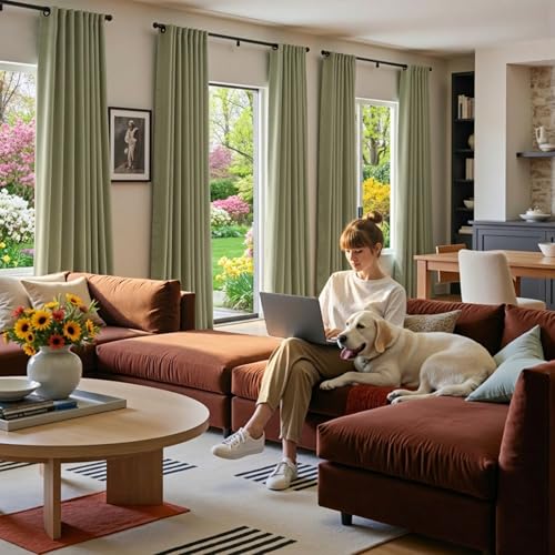 Image of Extra Long Olive Sage Velvet Curtains Grommet 52x108 Inch 2 Panels | Soft Velvet, For Tall Windows & High Ceilings, Light Shifting Texture, Elegant Drape, Serene, Fresh