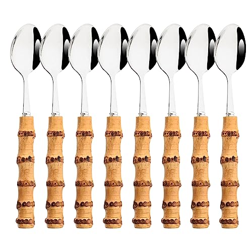 Snplowum Vintage Silver 8pcs Dinner Spoon, Bamboo Handle Silverware Spoon Set, Wedding Cutlery Set For Home Kitchen Restaurant, Mirror Finish, 8.07-inch