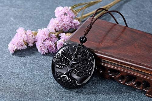 JOVIVI Tree of Life Obsidian Crystal Stone Healing Amulet Protection Pendant Necklace Men Handcarved Natural Black Gemstone Quartz Jewellery for Women Gifts
