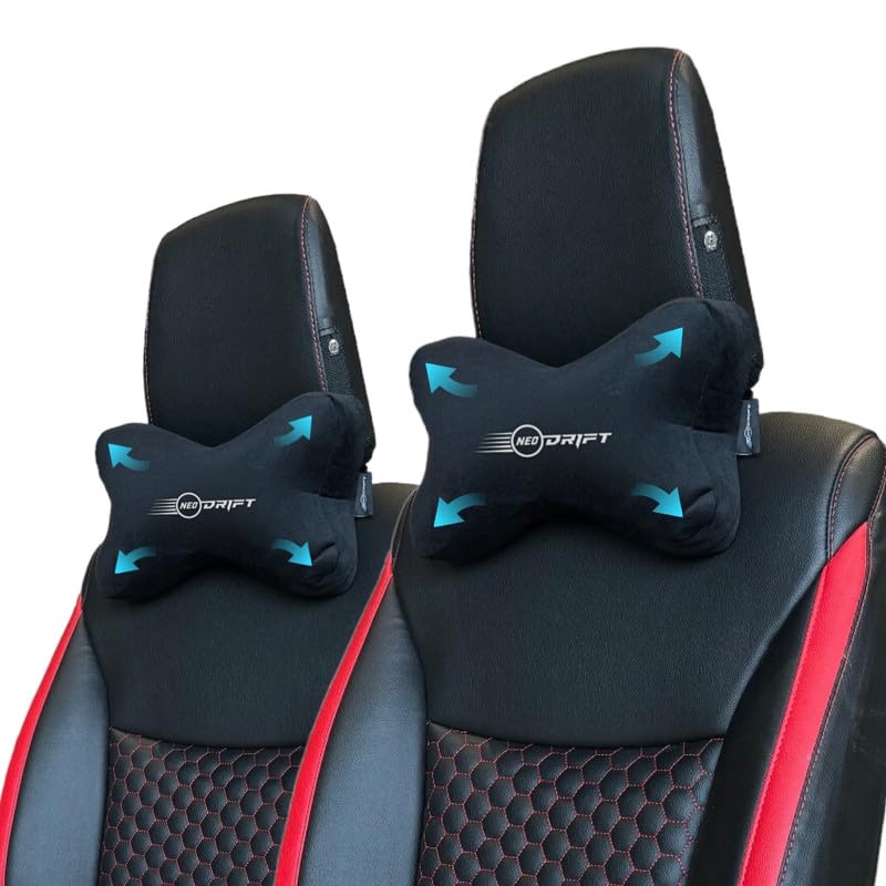 Image of Neodrift 'NeckBone' - Neck Rest Cushion Orthopedic Velvet Memory Foam Pillow for Neck, Head, Shoulder Support - Pain Relief for Car, Set of 2 (Colour-Black+Silver)