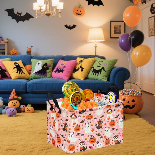 Image of Pink Halloween Storage Basket for Girls, Pumpkin Ghost Bat Spider Design
