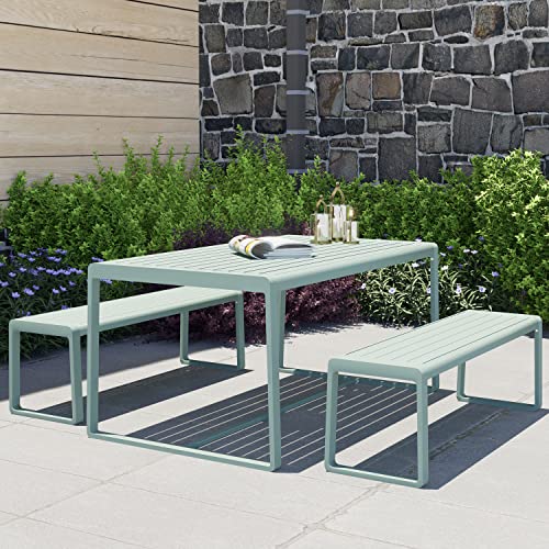 Aoodor Outdoor 3-Piece Aluminum Picnic Table Set Rectangular Patio Dining With Benches - Green #TOP30