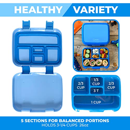 Image of kinsho Bento Lunch Box for Kids Toddlers Boys, 5 Portion Sections Secure Lid, Microwave Safe BPA Free Removable Tray, Pre-School Kid Daycare Lunches Snack Container Ages 3 to 5, Blue