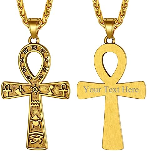 Richsteel Mens Ancient Egyptian Ankh Talisman Pendant Eye of Horus Necklace, Womens Egyptian Cross Amulet Jewellery, Stainless Steel Chain 22"-24", Name Engravable, Come with Gift Box