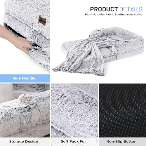 Human Dog Bed for Kids, 2 in 1 Foldable XL Bed for People Fits Pet Families, Orthopedic Calming Memory Foam Dog Sofa, Faux Fur Human Size Pet Bed with Blanket, 54"x38"x8.5", Grey