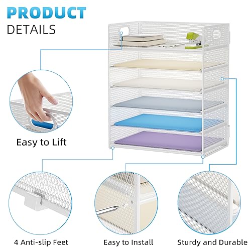 Marbrasse 6 Tier Paper Organizer Letter Tray - Mesh Desk File Organizer with Handle, Paper Sorter for Letter/A4 Office File Folder Holder - White - Image 5