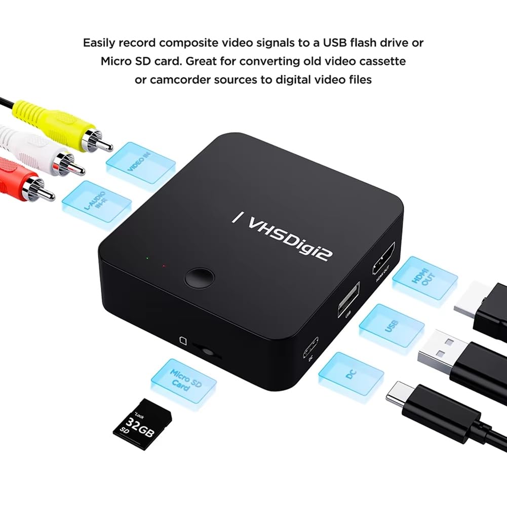 Grabadora de Video AV, Conversión de Video Analógico A Digital, Almacenamiento en SD/USB, para, VCR, Hi8, Videocámaras y Reproductores de DVD.