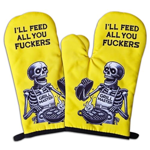 GOSJINNK 2 Pcs Funny Skeleton Oven Mitts I'll Feed All You Fxxkers Heat Resistant Kitchen Mitts Silicone Non-Slip Baking Mitts Cooking BBQ Gift Novelty Birthday Gift for Men Friend Chef Grill Master