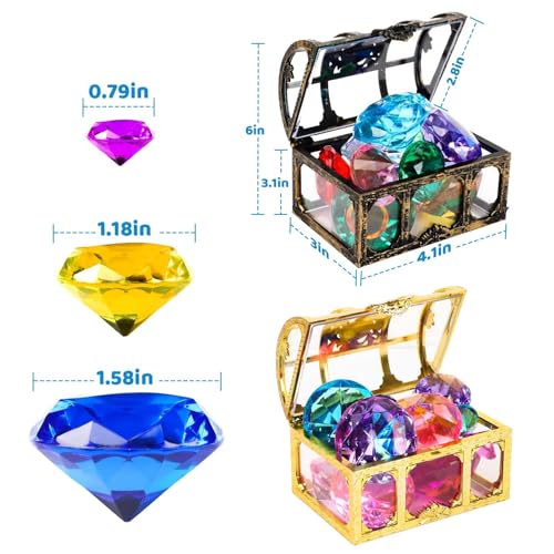 MARFOREVER Tauchjuwel Pool Spielzeug, 26 Stück Edelsteine für Kinder Set 24 Kinder Diamant mit Piraten Schatzkiste Bunte Diamanten Acryl Edelstein Spielzeug Unterwasser Edelstein Tauchen Edelsteine