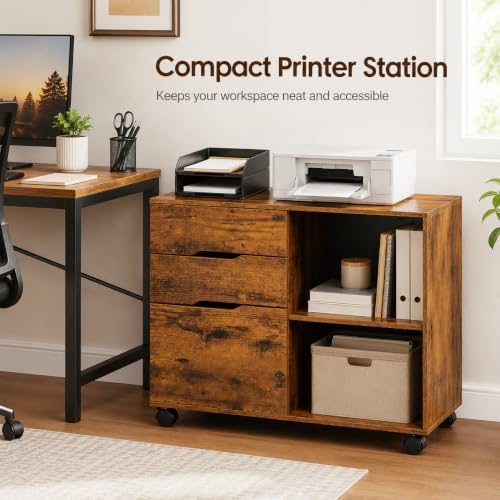 Image of Simple Deluxe 3 Drawer Rolling File Cabinet, Wood Printer Stand with Adjustable Shelf for Home Office Study Organizatiom, Brown