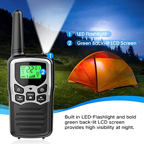 Image of Walkie Talkies with 22 FRS Channels, MOICO Walkie Talkies for Adults with LED Flashlight VOX Scan LCD Display, Long Range Family, Radios for Hiking Camping Trip (Silver, 4 Pack)