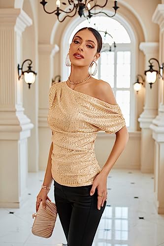 Image of GRACE KARIN One Shoulder Sequin Sparkly Tops for Women Ruched Asymmetrical Glitter Tops Slimming Sparkle Party Shirts