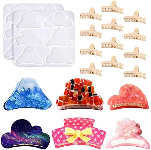 Xrkuu Silicone Hairpin Resin Molds, 2 PCS Hair Clip Clasp Clamps Mould Models with 12 Golden Hair Clips, Silicone Resin Epoxy Jewelry Casting Tools for DIY, Hand Making, Hair Clip Making