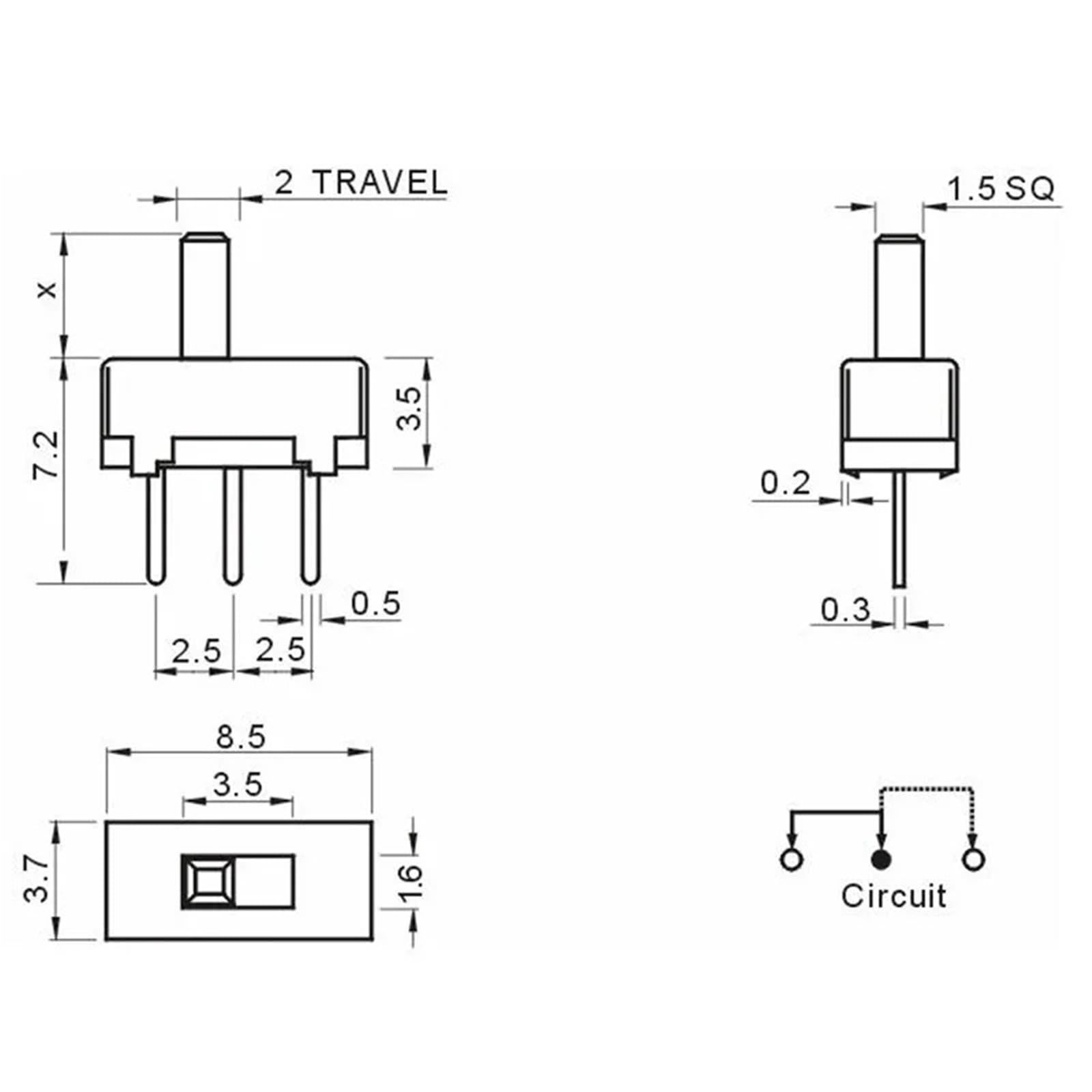 Microinterruptores deslizantes verticales, Paquete de 20 interruptores de palanca de 3 pines, 1P2T, 2 posiciones, deslizantes, varios tamaños(Handle length 5mm)