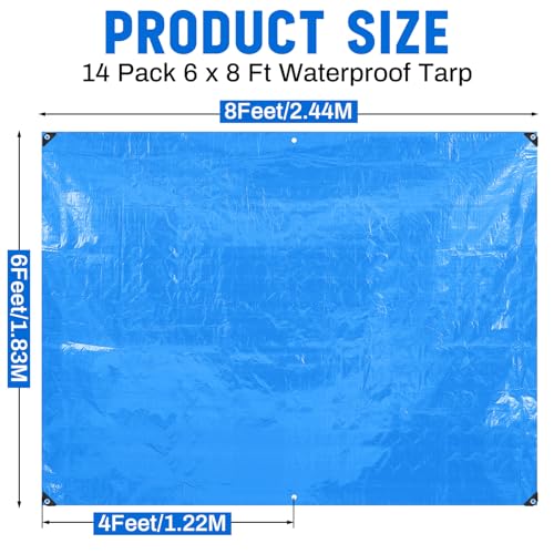 Image of 14 Pack 6 x 8 ft 5.5 Mil Tarps Heavy Duty Waterproof Tarp Multi Purpose Tent Cover for Home Boats Cars Camping Patio Furniture Roof Emergency Rain Protective Cover, Blue