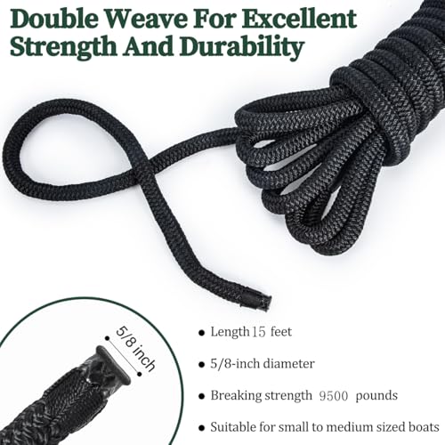 Image of 4 Pack 5 /8 inch x 15' Boat Dock Lines, Improved Double Braided Nylon Boat Ropes for Docking with 15 inch Loop, Hurricane-Resistant Grade Marine Rope for Sailboats,Pontoons,Fishing Boats, Black