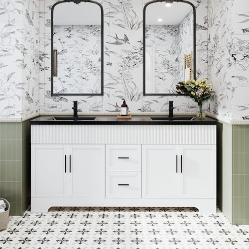 Image of eclife 72 inch Bathroom Vanities Sink Combo with Painted Surface, Modern Drawered Cabinet W /Decorative Wave Lines, Undermount Double Black Sink, Matte Black Faucet Drain, White