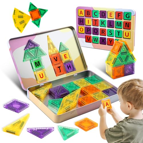 47PCS Magnetic Tiles Travel Toys, Mini Magnetic Letters Building Blocks With ABC Alphabet Iron Case for Kids Ages 1-3 3-5 4-8, Toddler Boys & Girls STEM Educational Toys for Outdoor Airplane Car