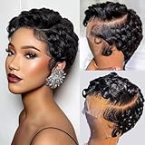Short Curly Pixie Cut 13x4 Lace Front Wig Human Hair Wigs 13x4 HD Lace Frontal Wigs Short Layered Curly Glueless Wig Pre Plucked Deep Wave Pixie Cut Human Hair Wigs for Black Women, Natural Black