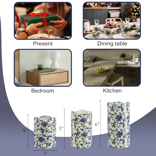 Image of Remote Flameless Candles 4 inch 5 inch 6 inch - Set of 3 Blue and White LED Pillar Candles Wave Top Plastic Battery Operated with Timer for Home Wedding Holiday Decor Indoor Outdoor,PLT3P-BW