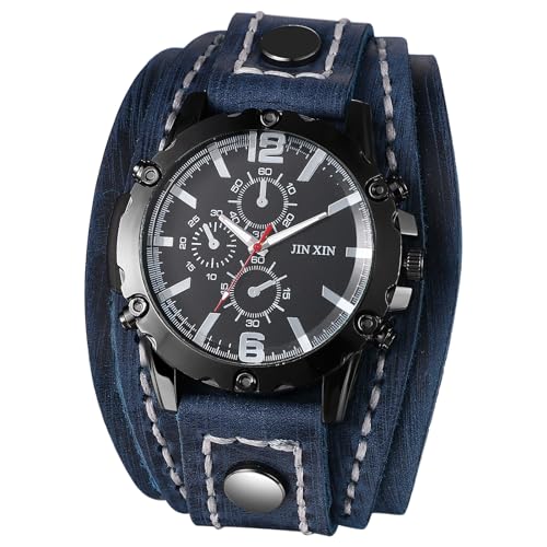 JewelryWe Montre Homme Cuir Punk: Montre Bracelet Large Réglable Cuir Véritable, Cadran Quartz 3 sous-Cadrans Décoratifs, Style Steampunk Motard Biker et...