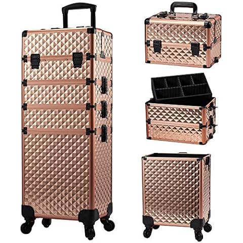Professional 4-in-1 Large Makeup Trolley Beauty Cosmetics Vanity Organizer Rolling Make up Train Case Hairdressing Storage Box with Universal Wheels and Key Locks 4 Tiers (Rose Gold) Cover
