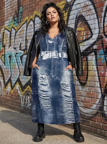 Image of SUZONANA Plus Size Denim Print Maxi Dresses for Women Casual V Neck Short Sleeve with Pockets Soft Jean Look Dress XL-6XL