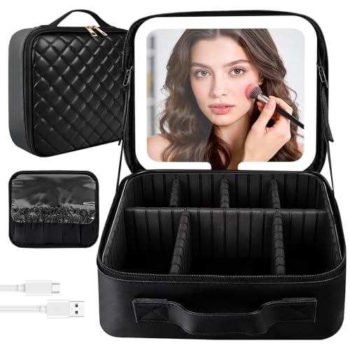 Travel Makeup Bag with LED Mirror - Cosmetic Bag Makeup Organizer Bag with 3 Color Adjustable Light Detachable Mirror Waterproof Makeup Case with Adjustable Dividers for Women