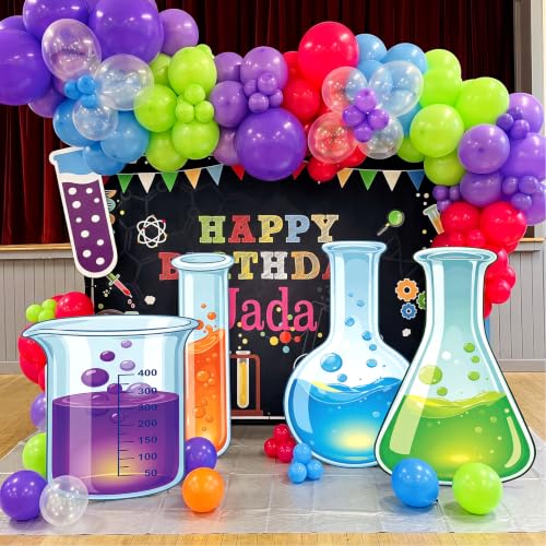 Image of 4 Pcs Science Party Decorations Lab Theme Party Supplies Chemistry Laboratory Standees Scientist Birthday Decor Erlenmeyer Flask Prop Sign for Lab Week Stem Scientist Theme Birthday