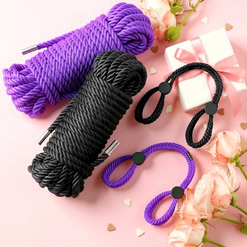 Image of Tisancy 4 Pcs Multifunctional Craft Cord Kit with 2 Soft Silk Macrame Cords and 2 Adjustable Nylon Bracelets, 32.81 ft Twisted Trim Cord for DIY Crafts and Home Decoration(Black, Purple)