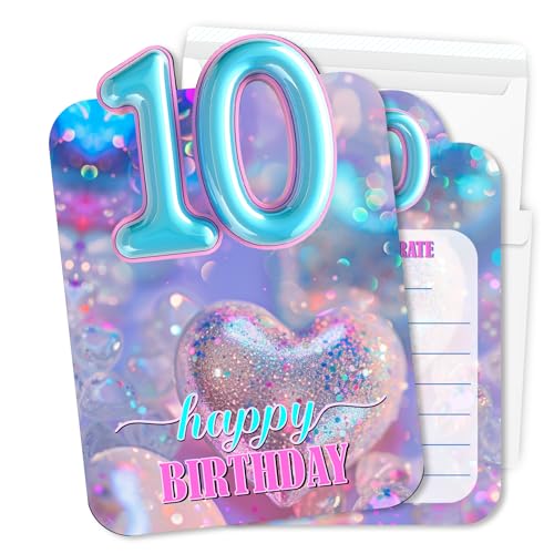 Putocopic 10th Blue Balloon Birthday Invitations for Girls, Tenth Birthday Party Fill In Invitations with Envelopes, 30Pcs, 5x7 Inches
